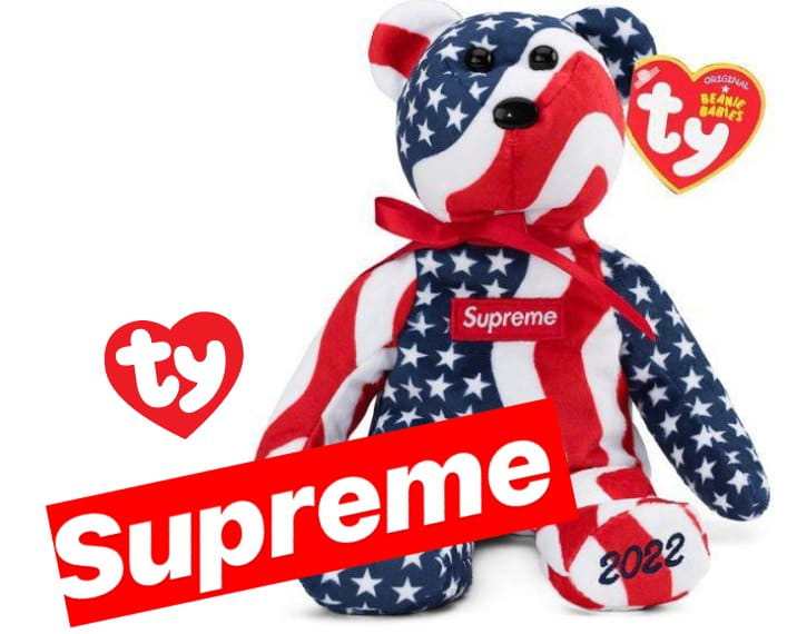 Supreme×Tyコラボの星条旗柄クマ「Flag」とSupremeのロゴ
