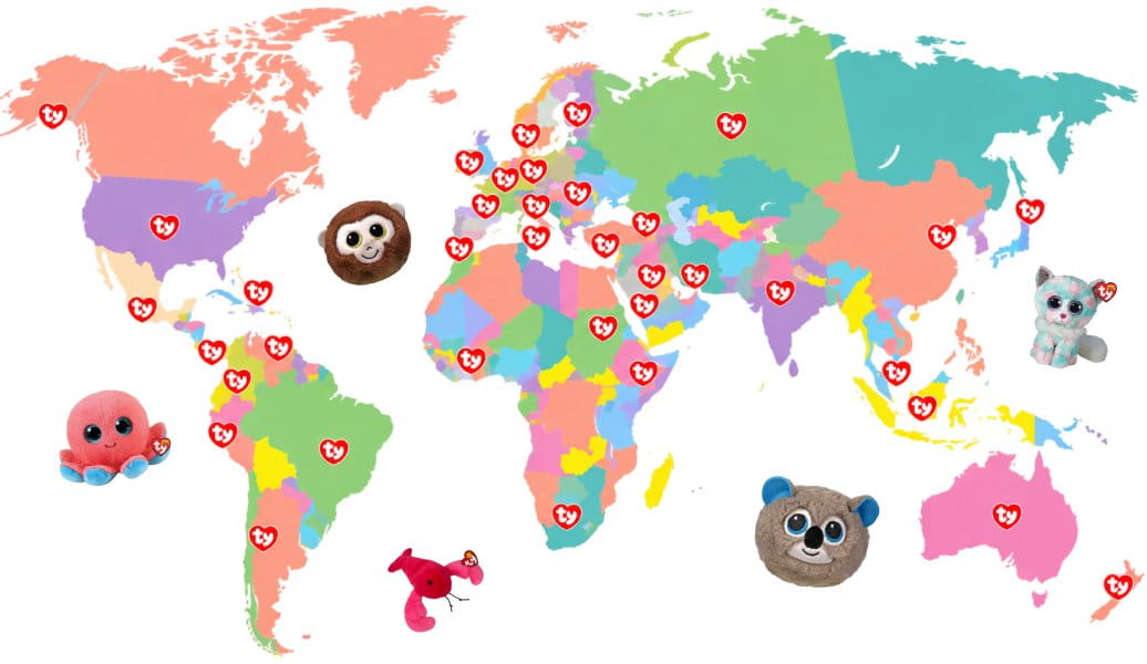世界地図にTyのロゴピンとぬいぐるみのイラストが並ぶマップ